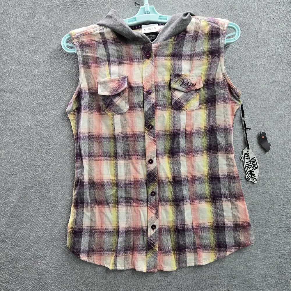 Vans Women Button Up Shirt S Plaid Flannel Hooded Grunge‎ Skater Sleeveless NWT